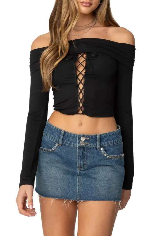 EDIKTED Off the Shoulder Lace Up Crop Top in Black at Nordstrom, Size Small | Nordstrom
