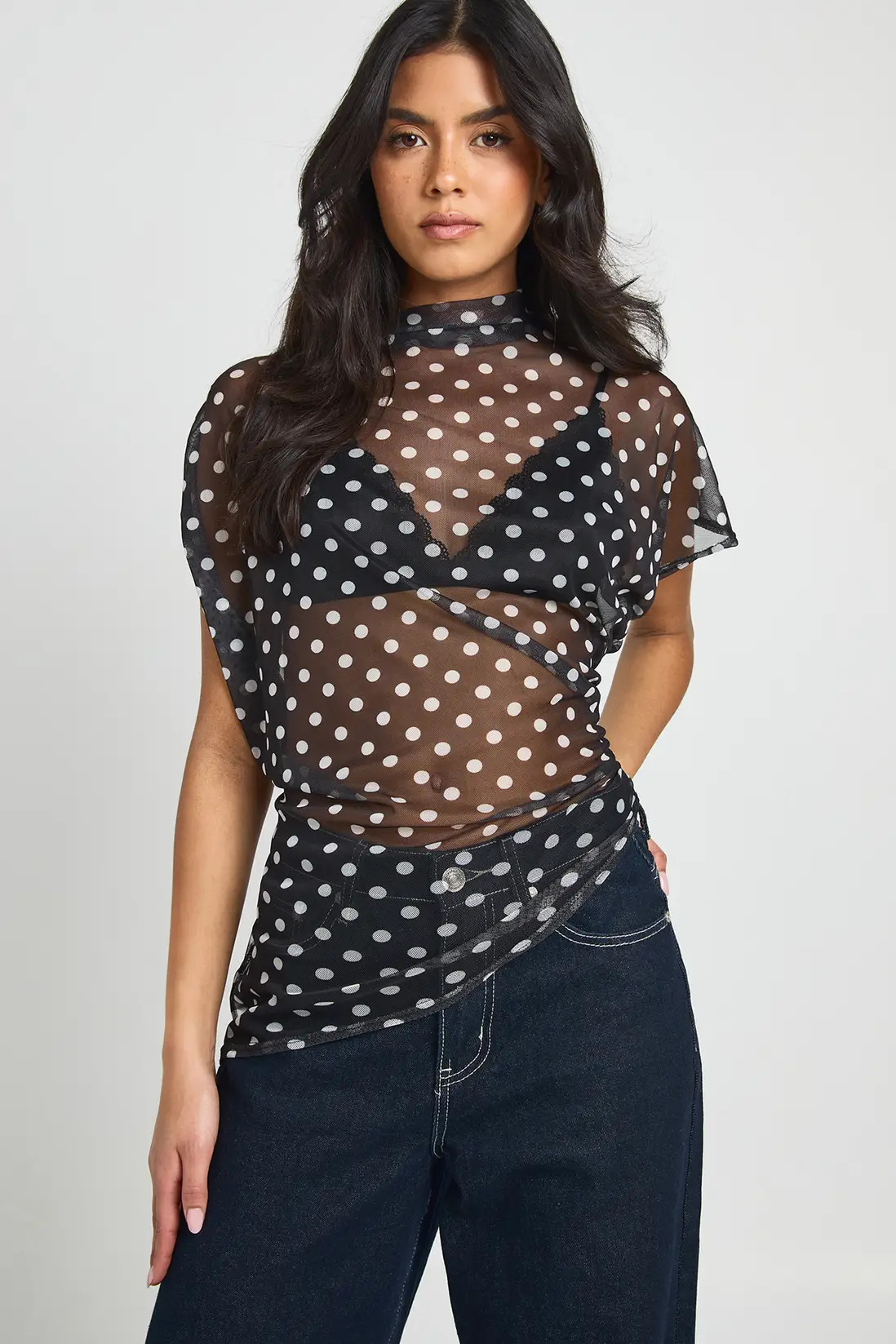 Black Mesh Polka Dot High Neck Ruched Side Asymmetric Top | Boohoo USA | boohoo (US & Canada)