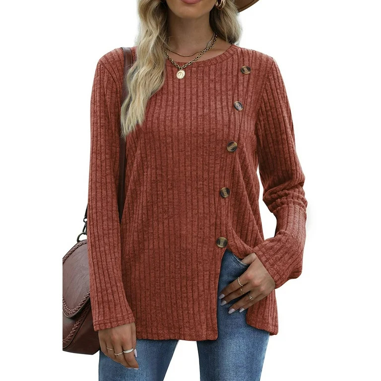 Fantaslook Blouses for Women Long Sleeve Crew Neck Tunic Tops Buttons Side Fall Shirts | Walmart (US)