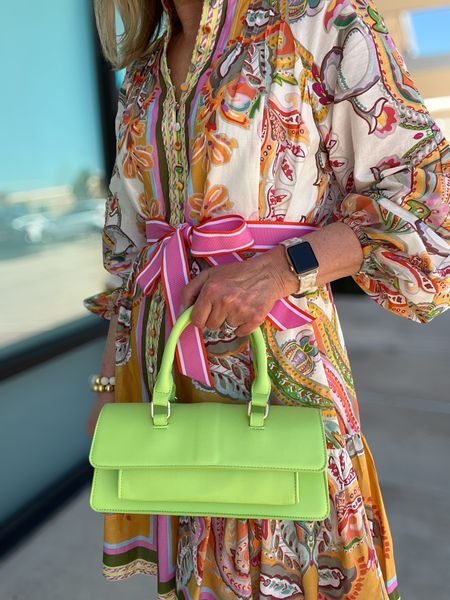 Lime green top handled bag. Great quality! Beautiful floral button up dress. Flowy sleeves with elastic cuffs. Ribbon tie waist. Runs tts. Fully lined. 

#LTKSeasonal #LTKitbag #LTKshoecrush