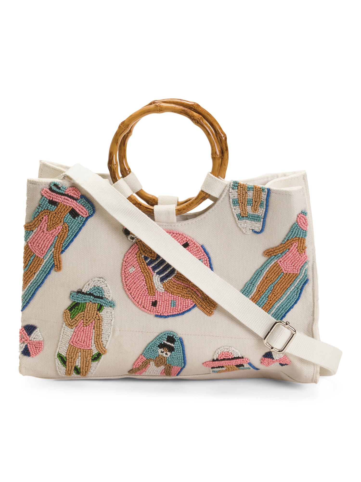 Hand Beaded Bamboo Handle Tote In Pool Ladies Motif | TJ Maxx