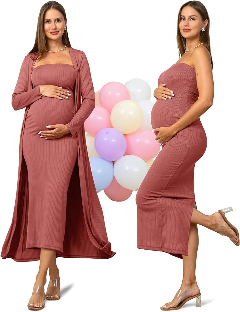 Rnxrbb Maternity Baby Shower Dress 2 Piece Cardigan Wedding Guest Summer Gender Reveal Photoshoot... | Amazon (US)