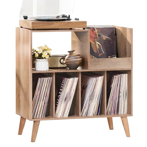 LELELINKY Large Record Player Stand, Turntable Stand with Storage, Vinyl Record Holder with Display Area, Record Player Table Holds Up to 300 Albums, Record Stand for Music Room Living Room-Oak | Amazon (US)
