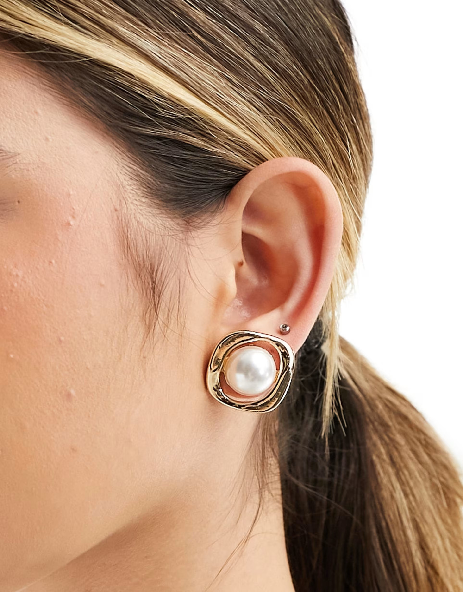 ASOS DESIGN stud earrings with square faux pearl detail in gold tone | ASOS (Global)