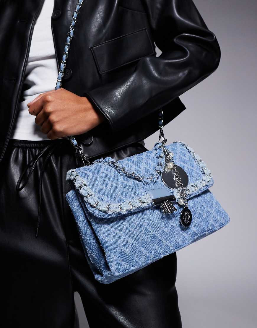 River Island denim trim flap shoulder bag in light denim-Blue | ASOS (Global)