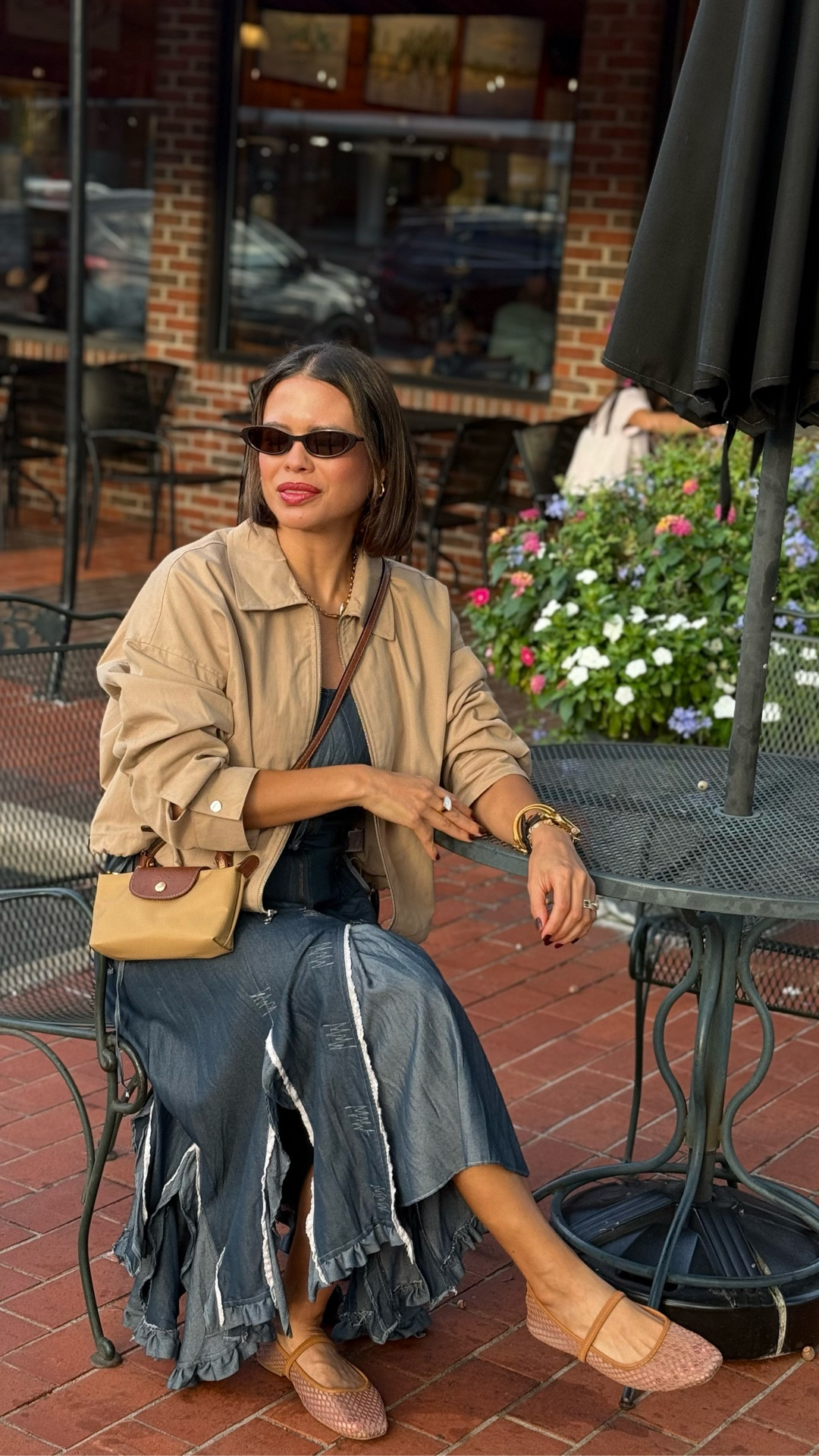 Weekend look ➡️
✨ A great transition jacket
✨ denim/ chambray dress with a twist
✨mini longchamp bag
✨ flats
✨sunglasses 

#LTKOver40 #LTKSeasonal #LTKStyleTip