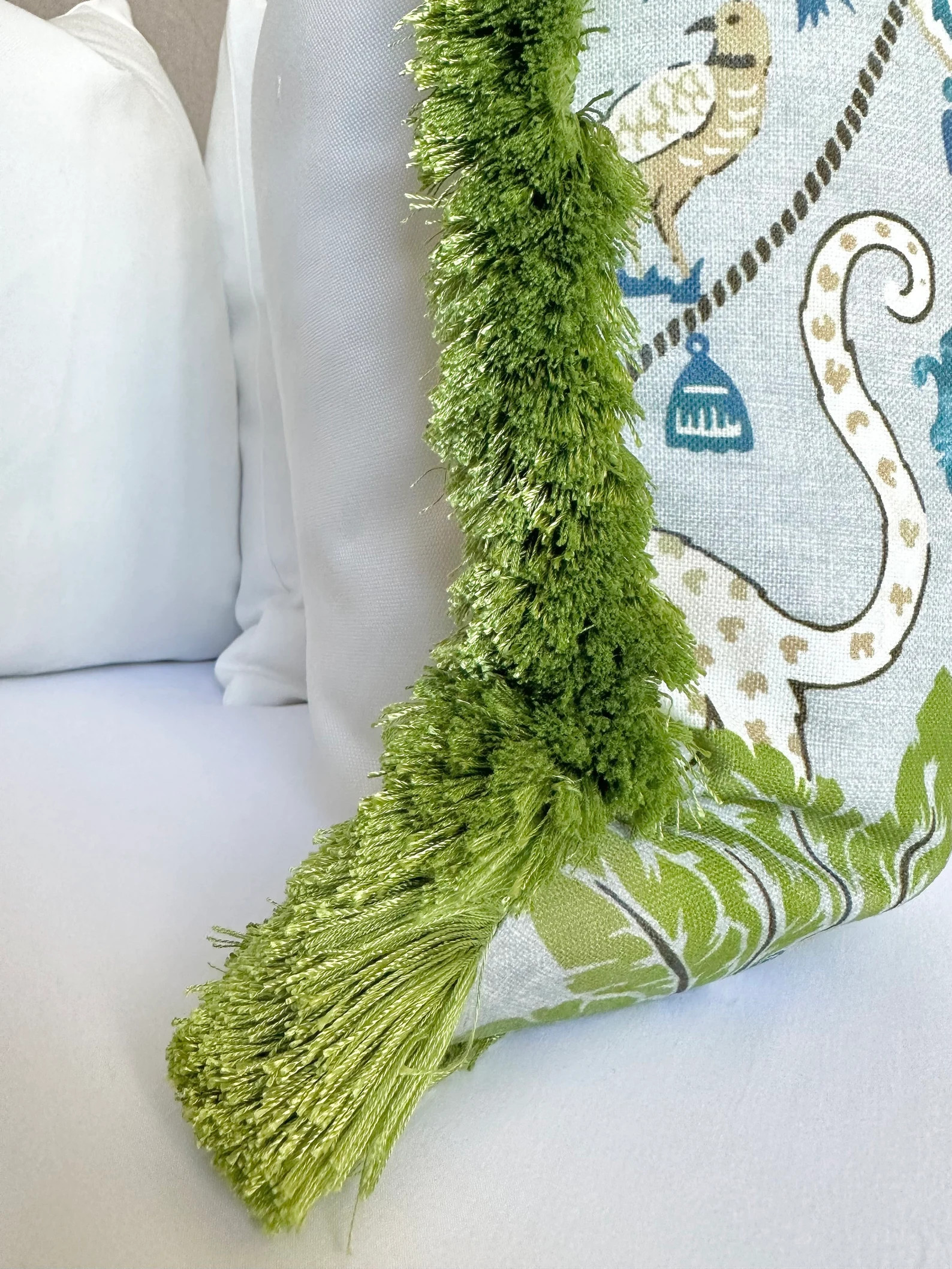 Jaguar Print Throw Pillow Cover , Mist Blue Pillow Cover With Brushed Fringe Detail , Chinoiserie... | Etsy (US)