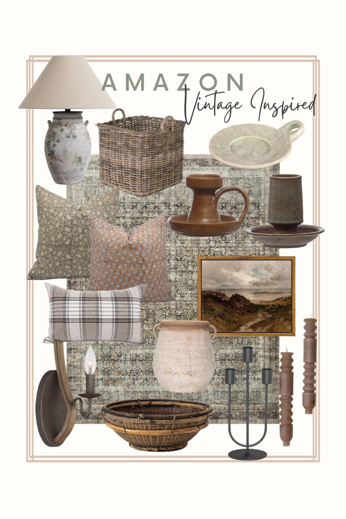 Vintage inspired decor from Amazon

Throw pillows, marble, Loloi rug, wall art, ceramic lamp, candleholders, wall sconce, taper candle, basket, rattan basket

#LTKstyletip #LTKhome