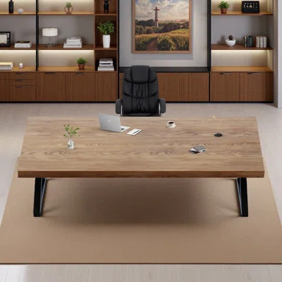 78.75-inch Modern Minimalist Executive Desk Set, Rectangular Solid Wood Computer Desk with Black PU Leather Office Chair | Wayfair North America