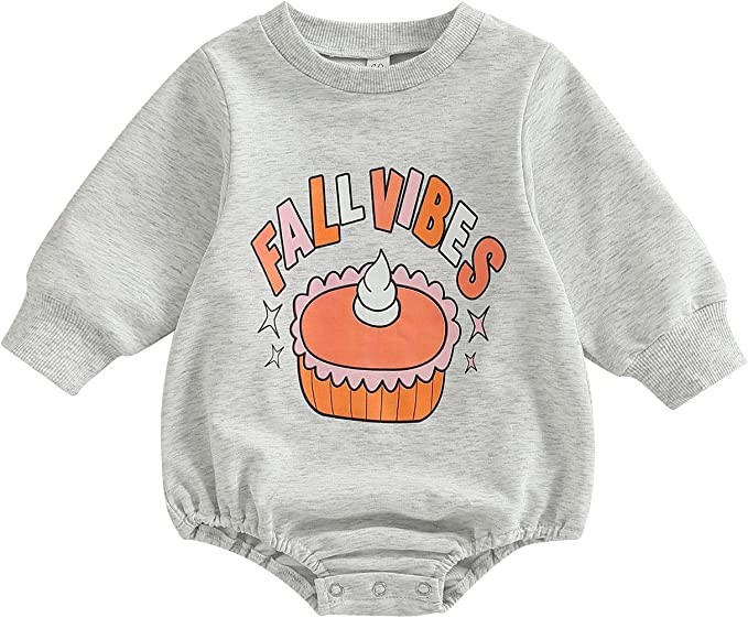Suealasg Baby Cute Thanksgiving Romper, Grey Long Sleeve Crew Neck Lettering and Cupcake Print Ca... | Amazon (US)