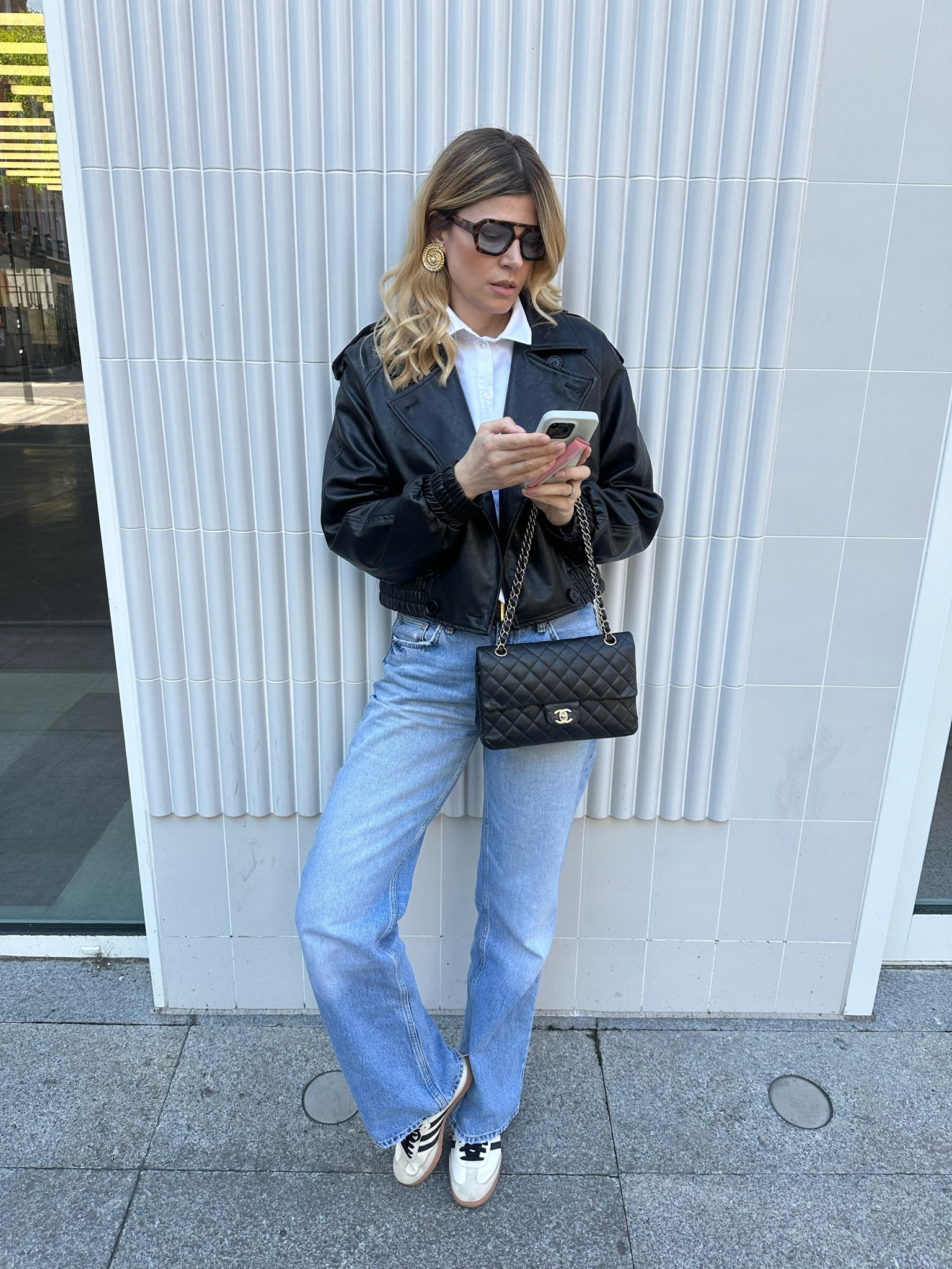 Spring outfit, sambas, chanel bag, Vehla sunglasses, Rhode case, straight jeans, white shirt, sesame shirt #LTKshoecrush

#LTKeurope #LTKstyletip
