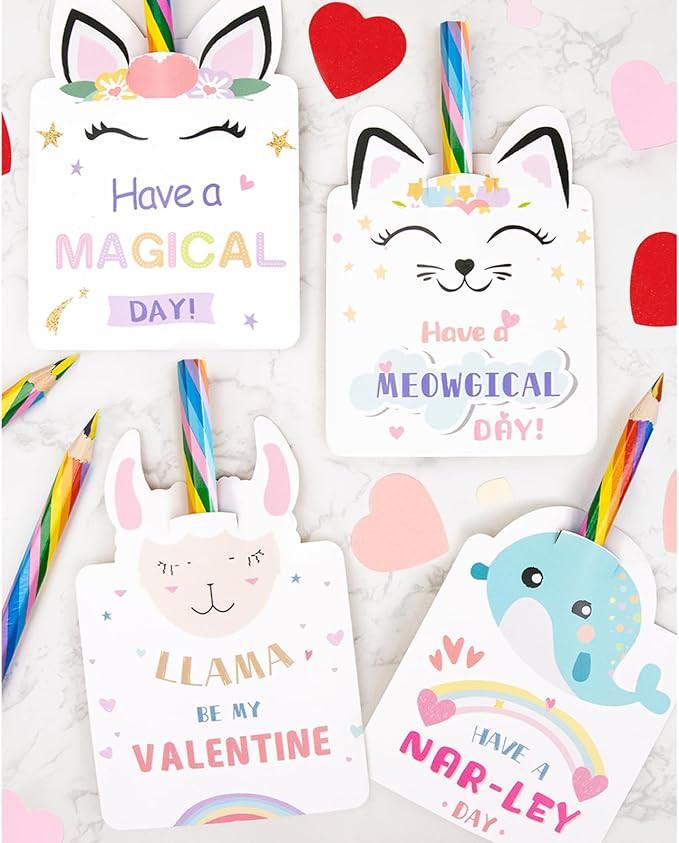 Valentines Day Cards for Kids - Set of 24 Rainbow Pencils Unicorn Valentines - Class Party Favors... | Amazon (US)