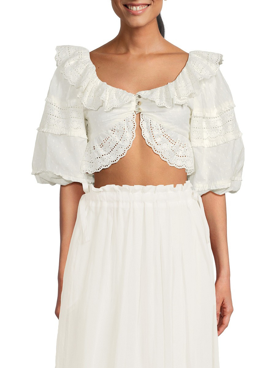Farm Rio Women's Puff Sleeve Lace Crop Top - Off White - Size XXS | Saks Fifth Avenue OFF 5TH
