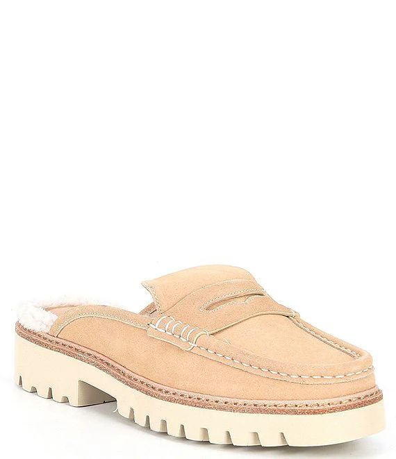 Donald Pliner Hillie Suede Genuine Shearling Lined Lug Sole Platform Penny Loafer Mules | Dillard... | Dillard's