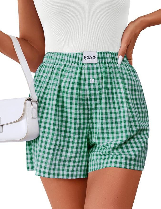LOMON Womens Boxer Shorts Casual Summer Cotton Pajama Lounge Sleep Pj Gingham Plaid Shorts Y2K Be... | Amazon (US)