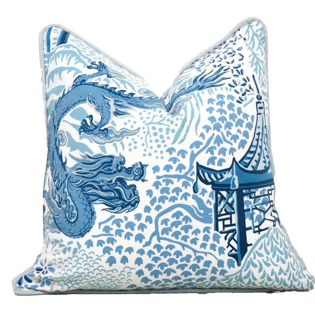 Blue Chinoiserie Pillow Covers, Pagoda and Dragon Pillow, Square and Lumbar Pillows 16x16, 18x18,... | Etsy (US)