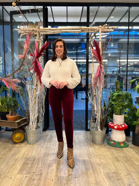 White chunky sweater (size small). Maroon velvet leggings (size small). Leopard boots (size 8.5). #sweater #sweaters #whitesweater #chunkysweater #leggings #maroonleggings #velvetleggings #boots #leopardboots #winteroutfit #valentinesday #valentinesdayoutfit 
Valentine’s Day Outfit 

#LTKfindsunder100 #LTKstyletip #LTKSeasonal