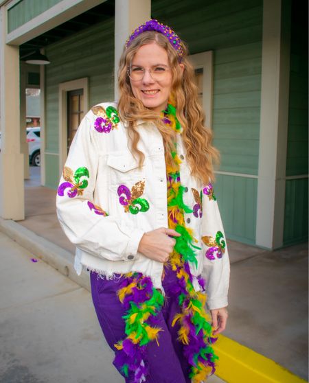 Sequin Mardi Gras jacket | casual party outfit | purple bejeweled knot headband | long feather boa | purple cargo pants | crimped hair curler

#LTKparties #LTKSeasonal #LTKstyletip