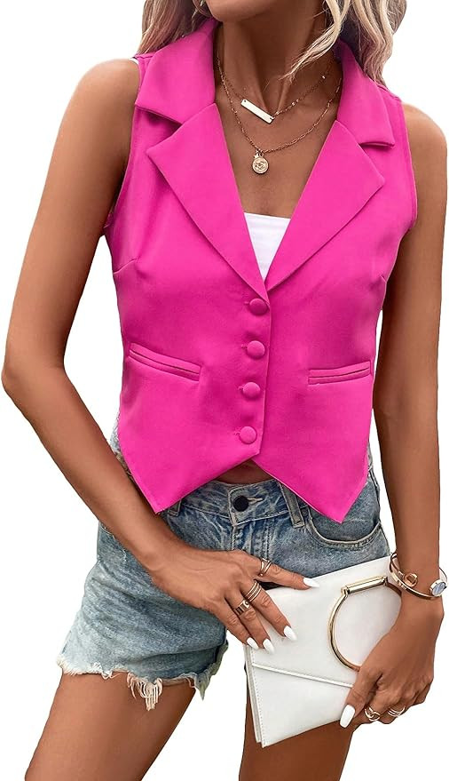 WDIRARA Women's Lapel Neck Button Front Waistcoat Sleeveless Casual Vest Blazer | Amazon (US)