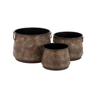 Litton Lane 11 in. x 16 in. Brass Metal Rustic Planter (Set of 3)-69183 - The Home Depot | The Home Depot