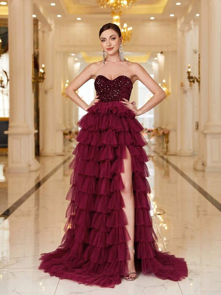 Contrast Sequin Split Thigh Prom Dress | SHEIN