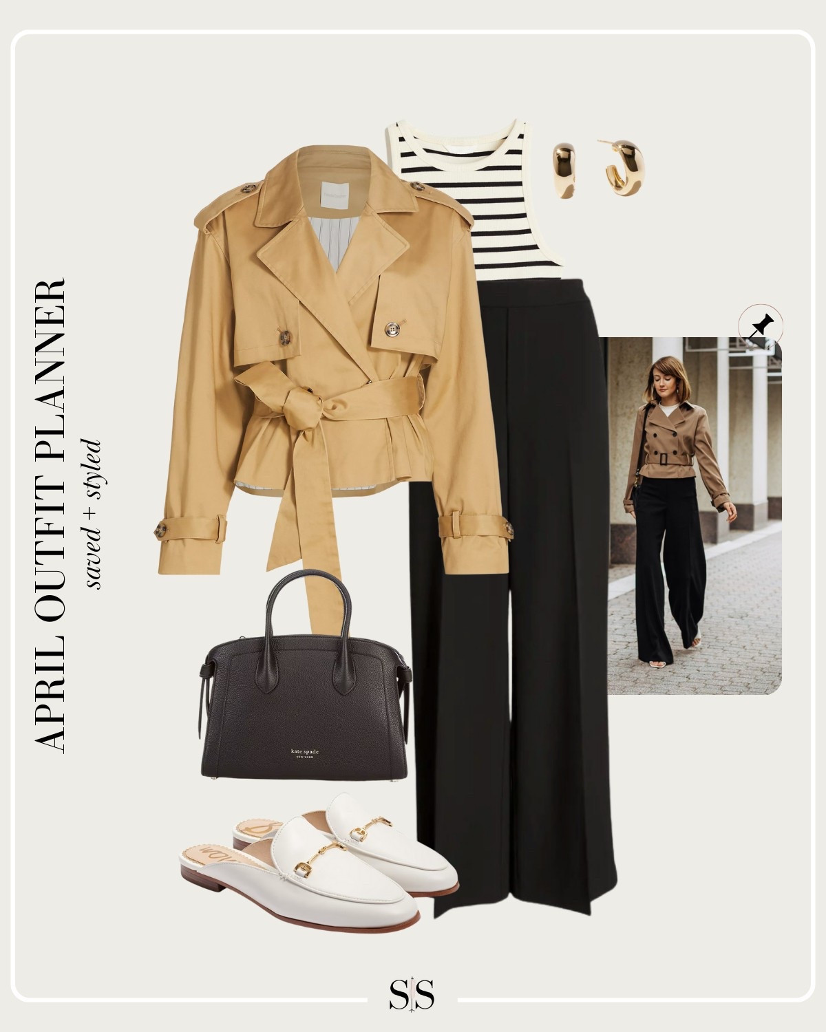 Monthly outfit planner APRIL: Spring transitional looks, saved + styled outfit inspo | black trousers, striped tank, cropped trench, loafer mules 

#springoutfit #workwear

Image credit: Pinterest 


#LTKStyleTip #LTKWorkwear