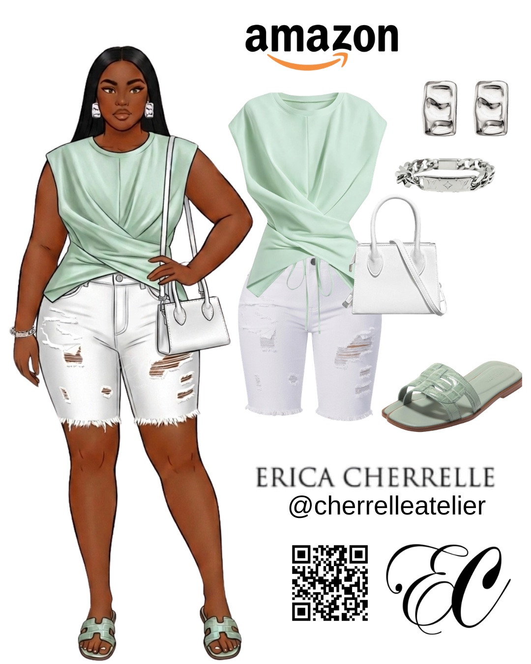 Keeping it effortlessly chic and accessible. 🔋✨ Proof that you don't have to break the bank to look like a million bucks. I’m styling this gorgeous mint green twist top and distressed white denim look using some of my favorite elevated Amazon finds, paired with sleek silver hardware. It's the perfect casual-cool look for a sunny day out. ☀️🛍️ #HighLowStyling #AmazonFinds #SummerOOTD #MintGreenAesthetic #personalstylist

#LTKootd #LTKMidsize #LTKPlusSize