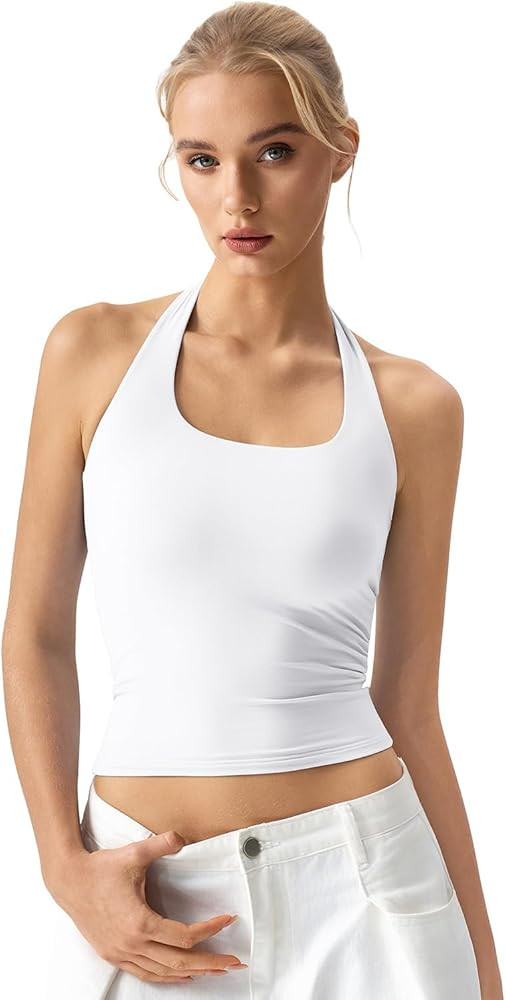 QINSEN Womens Halter Top Double Lined Tank Top Sleeveless Open Back Slim fit Going Out Tops | Amazon (US)