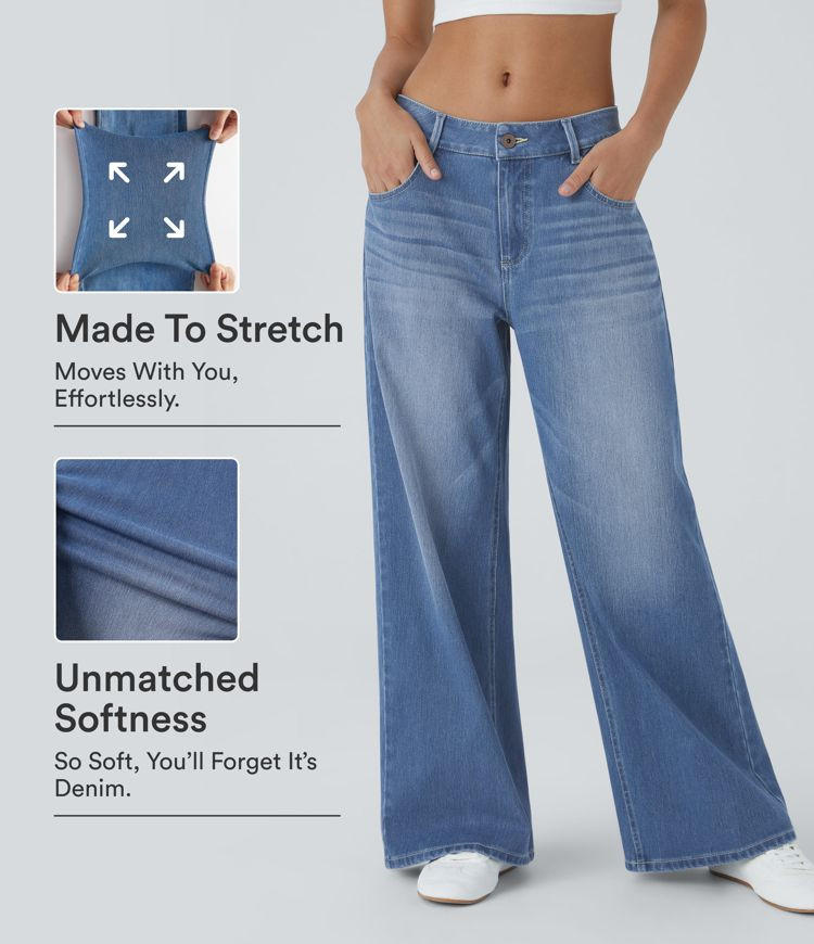 Women’s Halara Flex™ Low Rise Zipper Pockets Washed Baggy Wide Leg Casual Jeans - Halara | HALARA