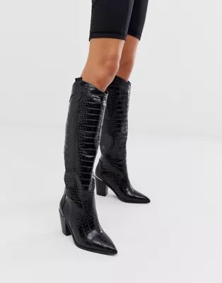 ASOS DESIGN Catch Up western pull on knee boots in black croc | ASOS UK