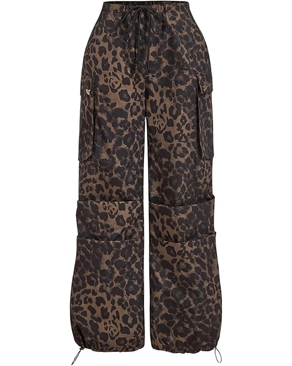 Floerns Women's Leopard Straight Leg Cargo Pants Cheetah Drawstring Ruched Trousers | Amazon (US)