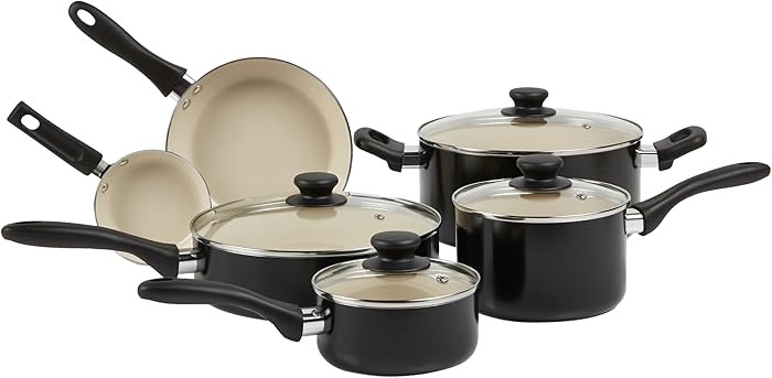 Amazon Basics 11-Piece Ceramic Non-Stick Pots and Pans Set, Dishwasher & Oven Safe, Easy Clean, G... | Amazon (US)