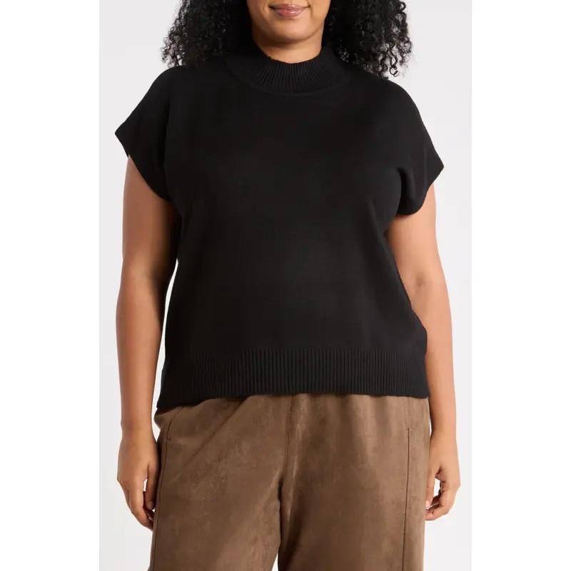 MAX STUDIO Mock Neck Short Sleeve Sweater in Black at Nordstrom Rack, Size 1X | Nordstrom Rack