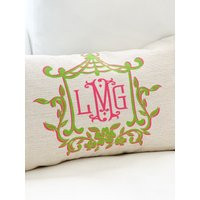 Preppy Monogram Pillow Cover, Lime Green & Pink, Pagoda Frame Personalized Lumbar Pillow, Chinoiserie Monogram, No Insert Included | Etsy (US)