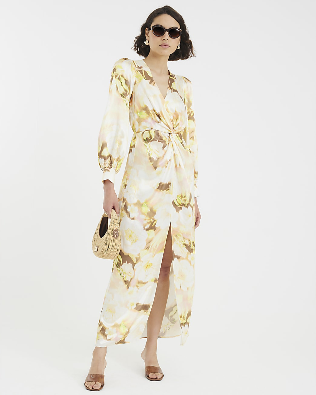 Cream Satin Floral Twist Front Maxi Dress | River Island UK & IE