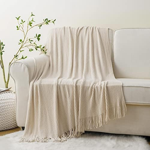 BATTILO HOME Beige Throw Blanket for Couch, Soft Chenille Knit Throws with Tassels for Home Decor... | Amazon (US)