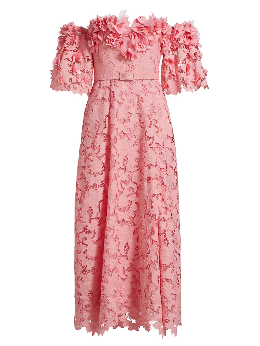 Women's Guipure Lace Off-The-Shoulder Midi-Dress - Peony - Size 4 | Saks Fifth Avenue