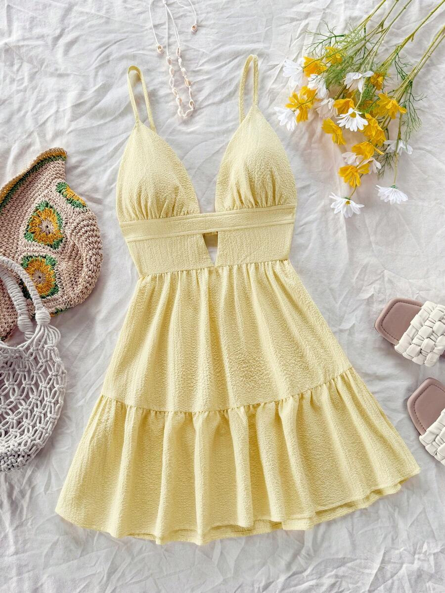 SHEIN Dreamara Vacation Casual V-Neck Backless Red Dress | SHEIN