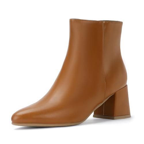 IDIFU Brown Boots for Women Ankle Low Short Chunky Block Heel Booties Fall Pointed Toe Dress Booty Ladies Comfortable Cute Fashion Side Zipper Boots(Brown New, 7.5) | Amazon (US)