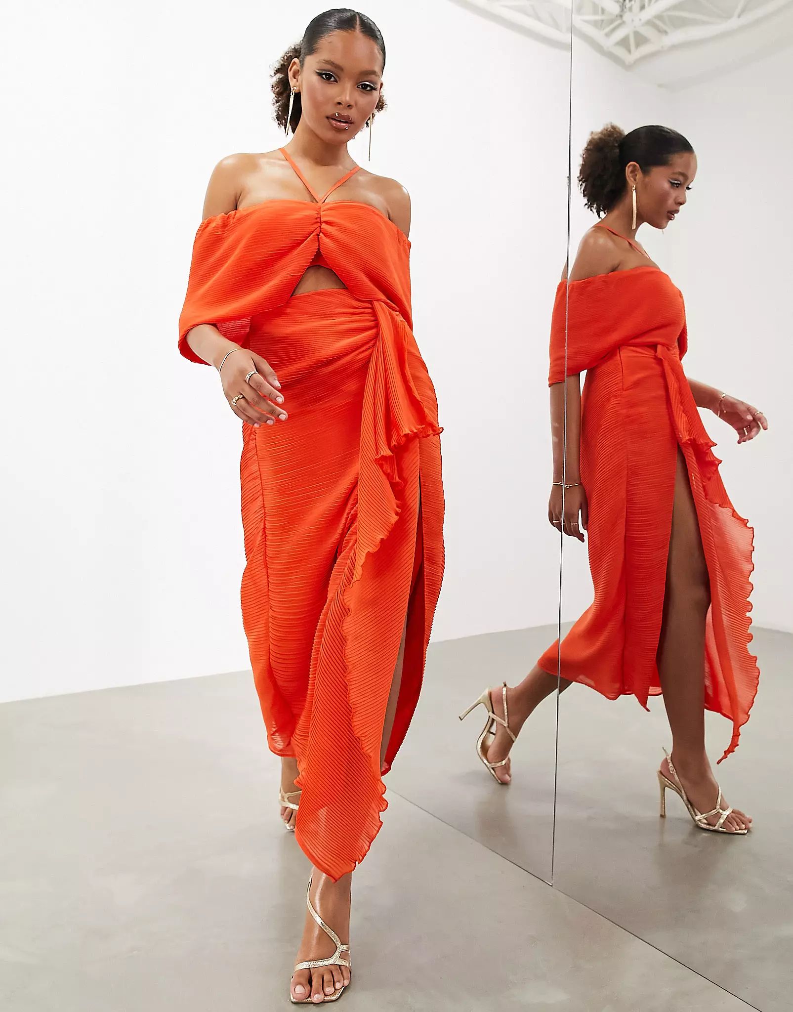 ASOS EDITION plisse bardot ruched detail maxi dress in orange | ASOS (Global)