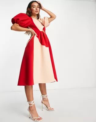 ASOS DESIGN puff sleeve twist plunge cut out prom midi dress in contrast colour | ASOS (Global)