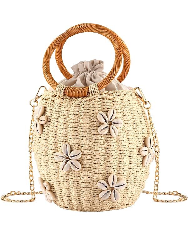 Flower Pearls Rattan Tote Bag Summer Beach Drawstring Straw Bucket Bag Diamonds Woven Handbag | Amazon (US)