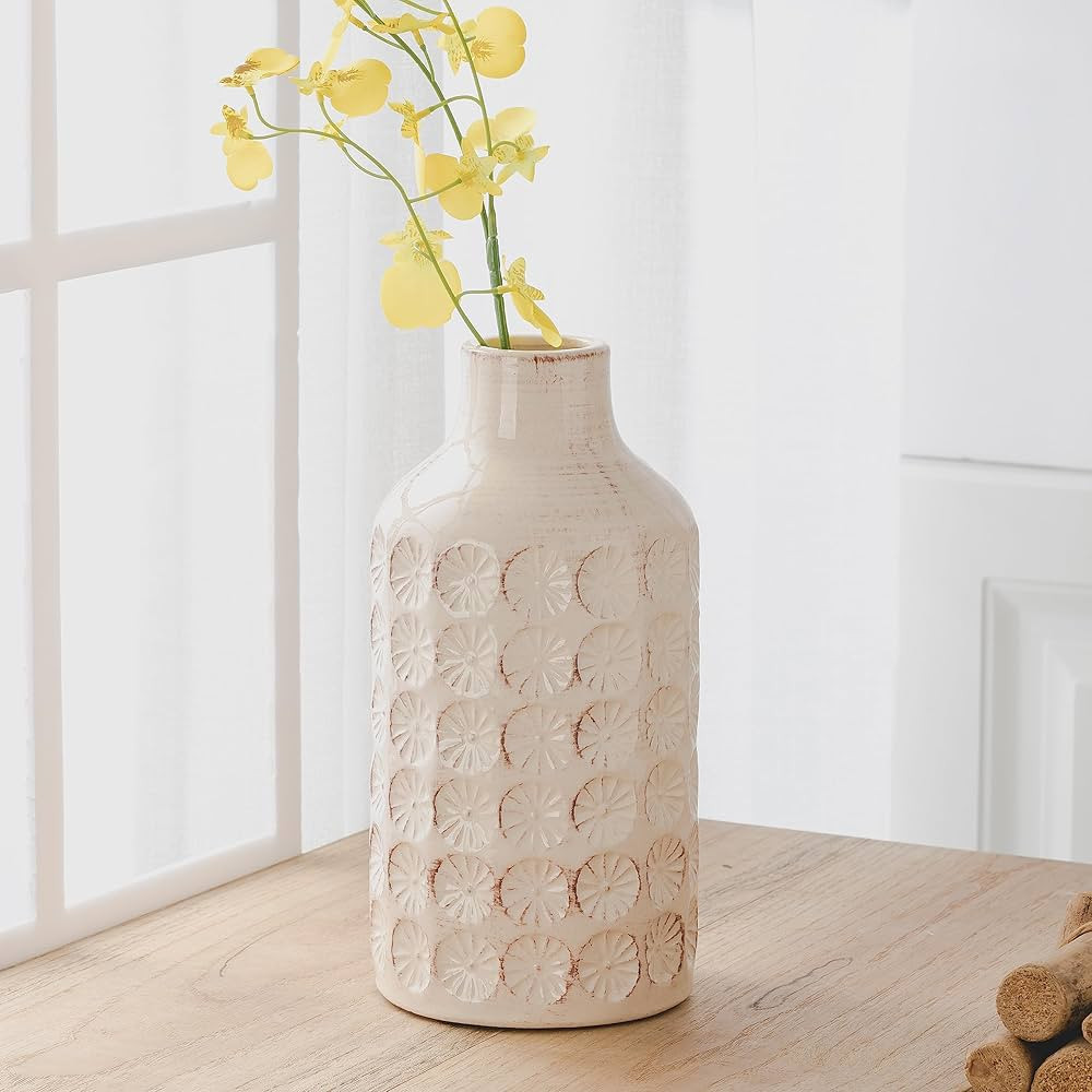 LUKA Ceramic Rustic Farmhouse Vase,10 inch Terracotta Vase,Neutral Cream Vases Pottery Decorative... | Amazon (US)
