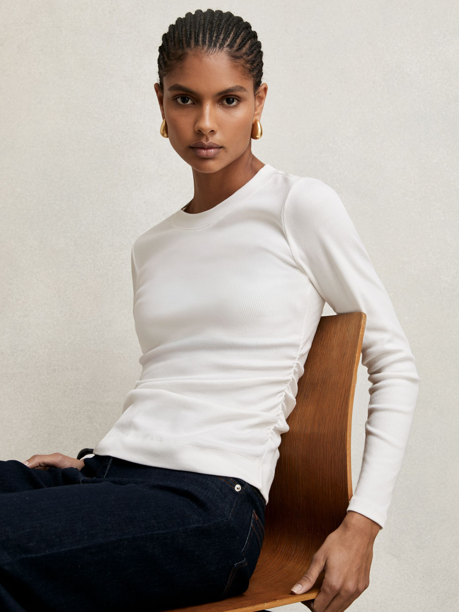 Cotton Long-Sleeve Ruched T-Shirt with Stretch in White | Reiss UK