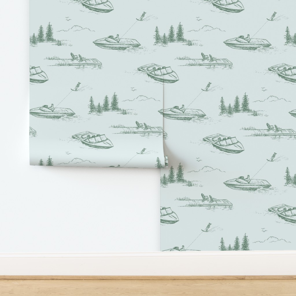 Lake House Wallpaper of Water Skiers on Boat in Light Blue & Green Wallpaper | Spoonflower | Spoonflower
