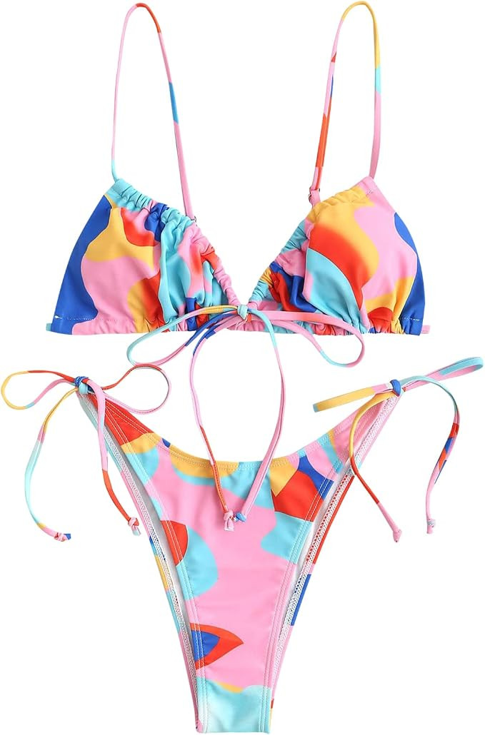ZAFUL Womens High Cut Thong Bikini Set Swimsuits Cami String Sexy Bathing Suit | Amazon (US)
