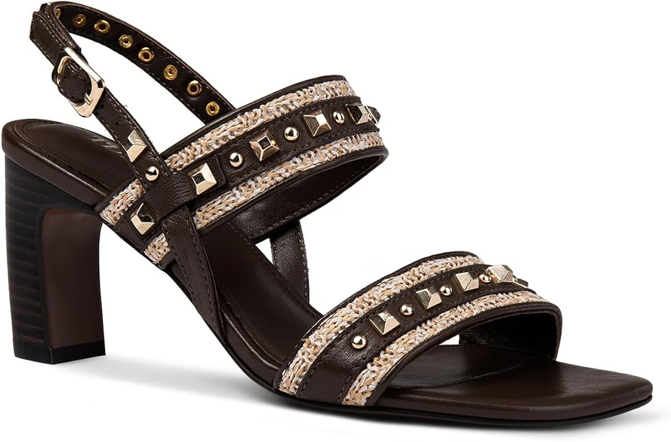 Studded Sandals for Women Back Strap Slingback Chunky Block Square Open Toe Dress Summer Brown Co... | Amazon (US)