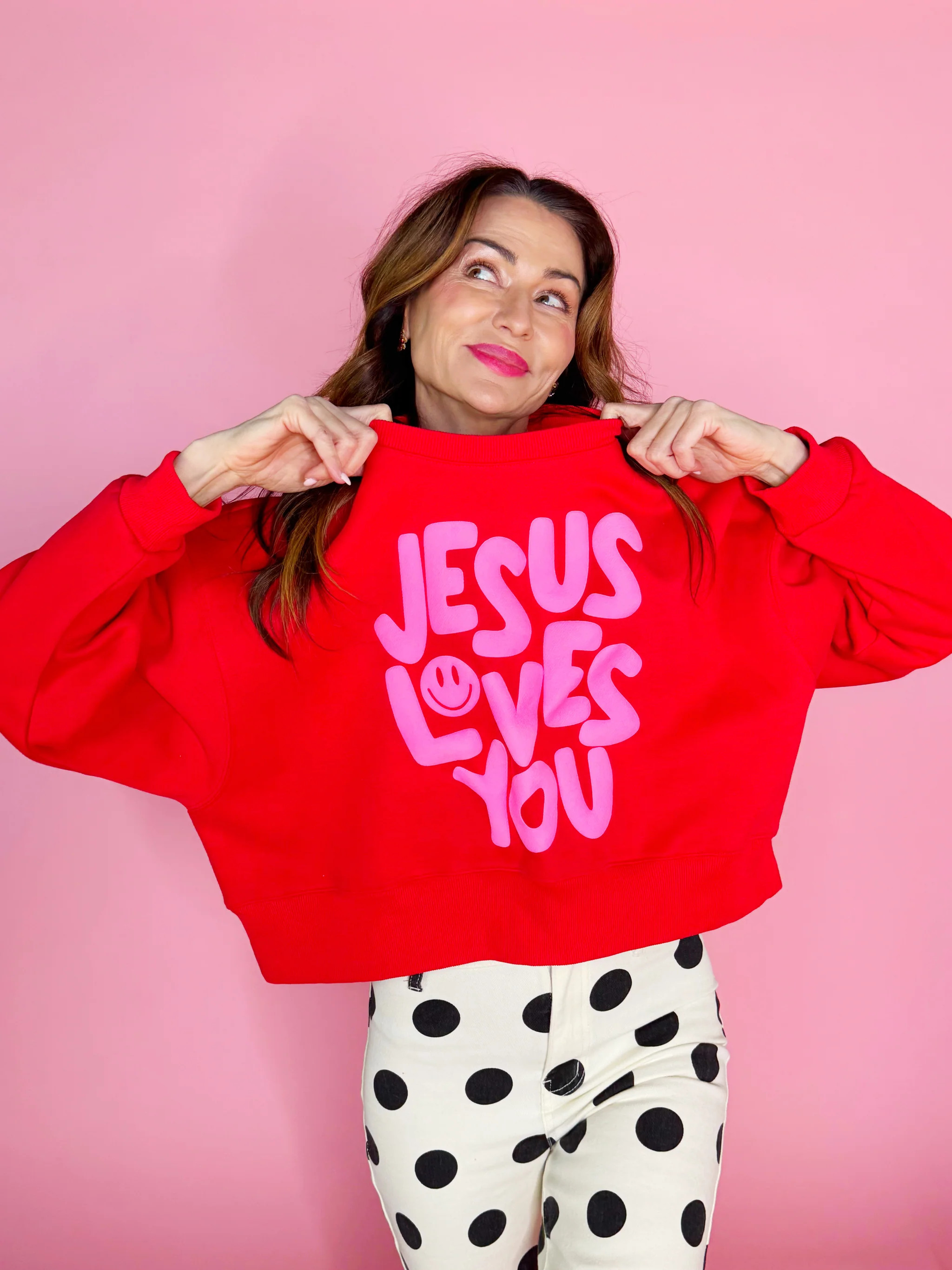 Smiley Jesus Loves You Puff Red Crop Sweatshirt | Poppy & Pine
