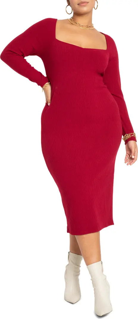 ELOQUII Rib Long Sleeve Square Neck Knit Dress | Nordstrom | Nordstrom