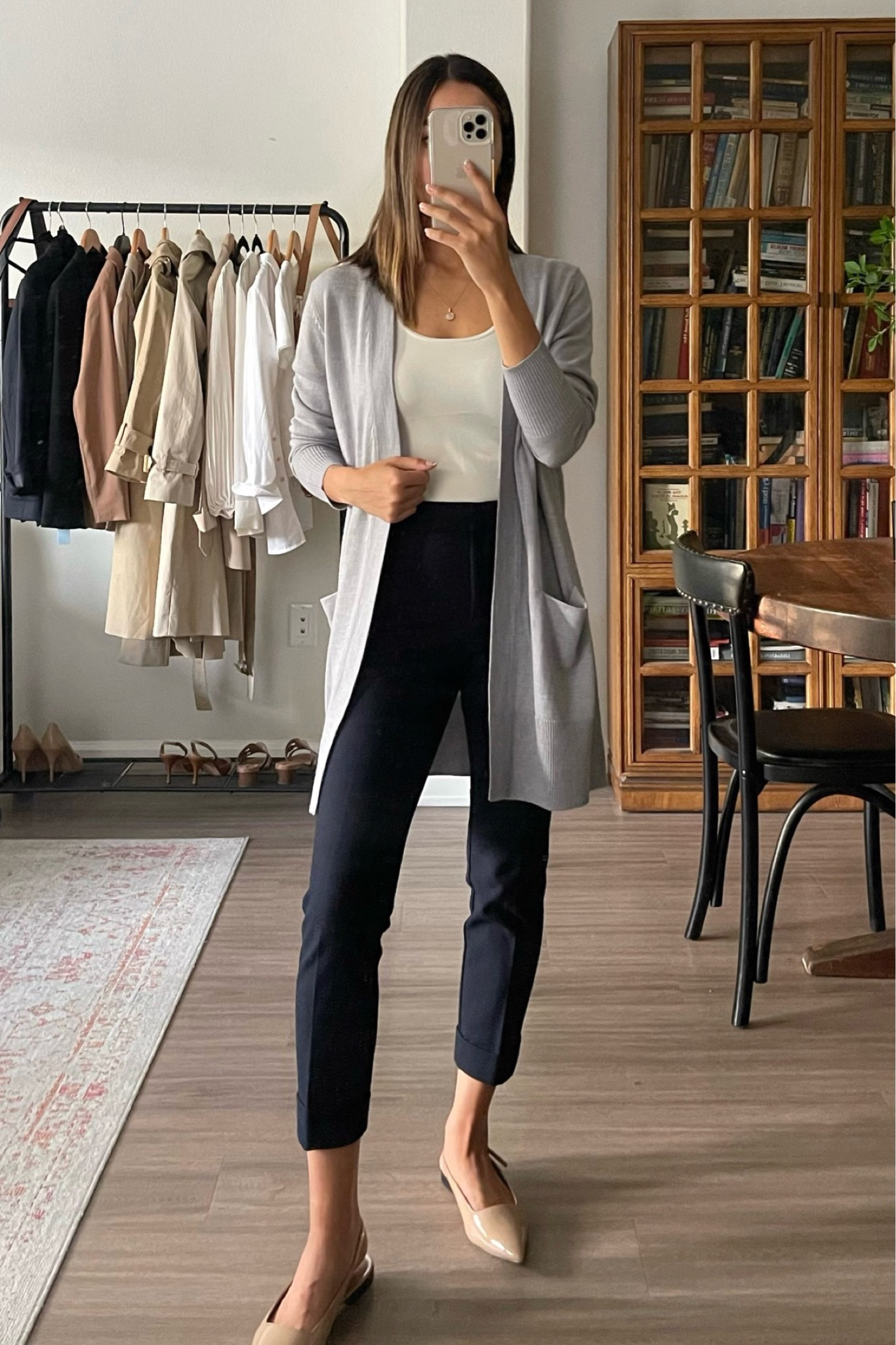 Smart casual/ business casual/teacher outfit 

• Gray cardigan xs 
• tank xs/a 
• ankle pants 00P 
• nude flats sized up half size 

#LTKunder100 #LTKworkwear